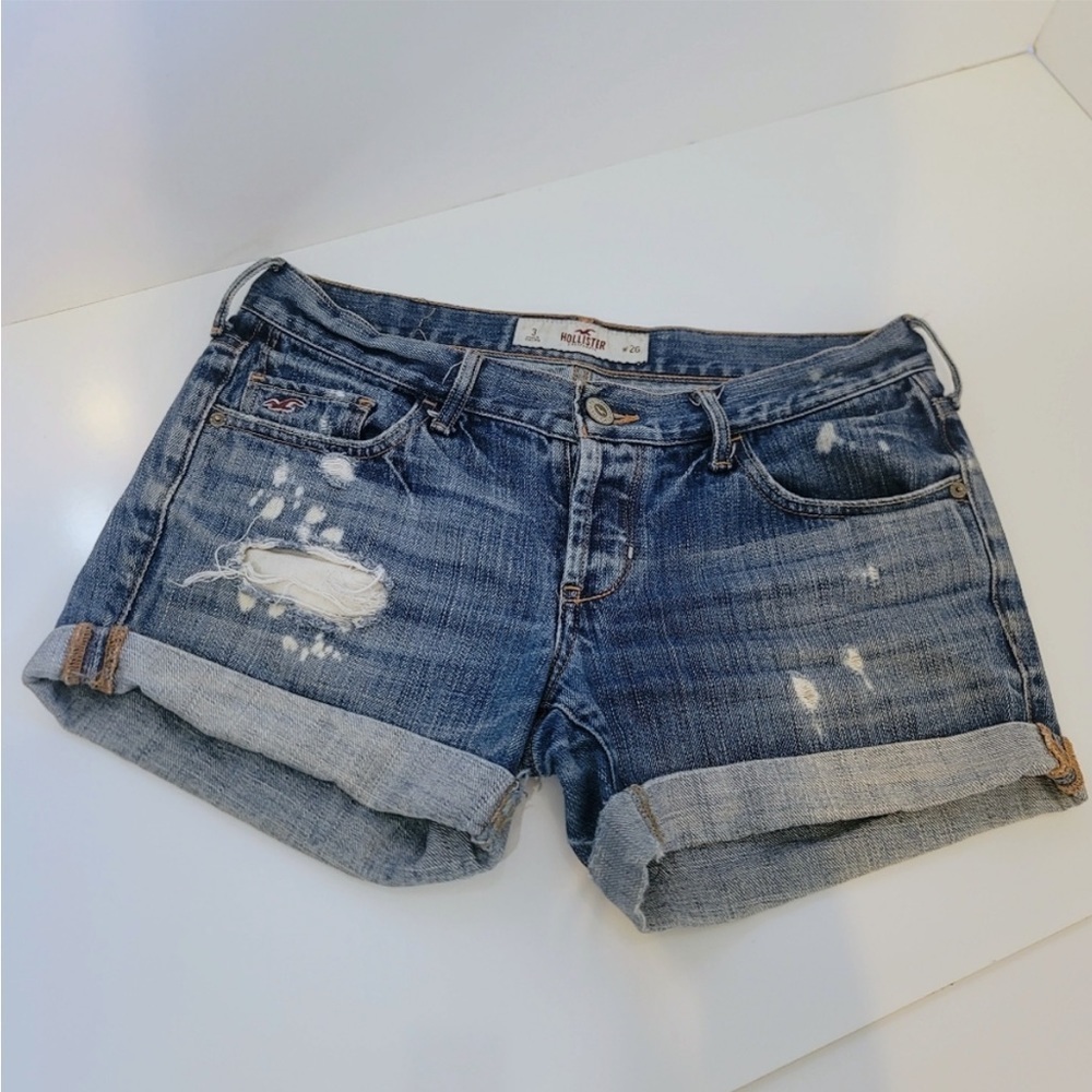 HOLLISTER Denim Shorts. Folded cuff. Distressed/Destroyed. EUC. Size 3. 26 waist